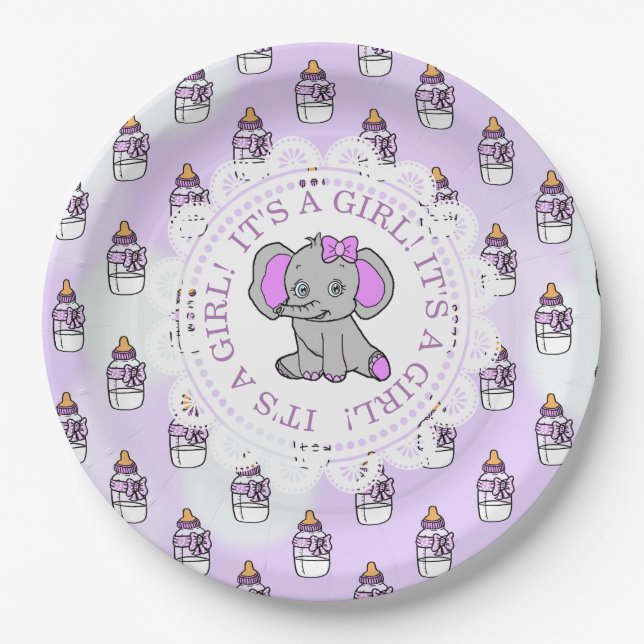 It's a Girl, Purple Elephant Themed Baby shower Paper Plate (Front)