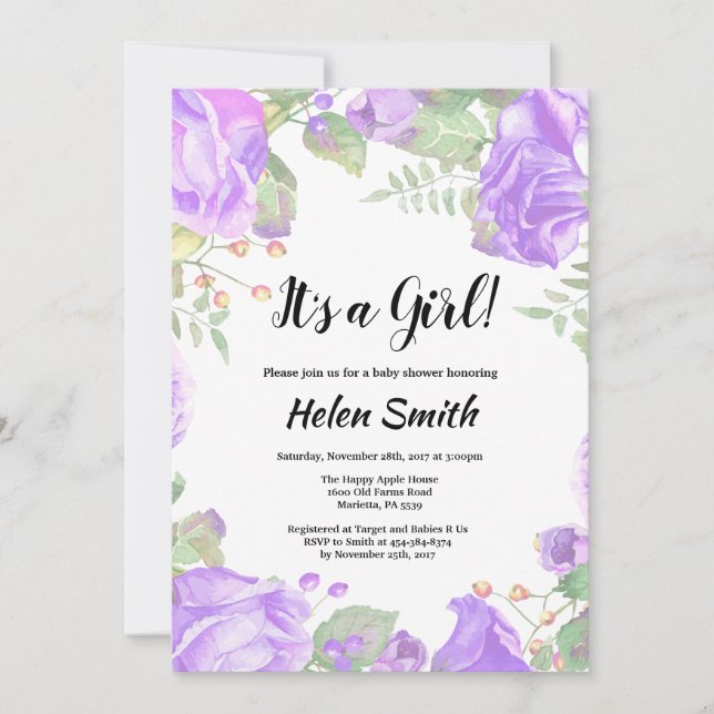 It's A Girl Purple Floral Baby Shower Invitation (Front)