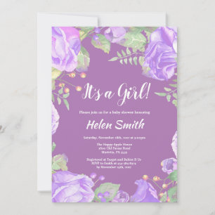 It's A Girl Purple Floral Baby Shower Invitation