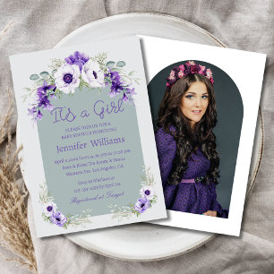 it's a girl, purple floral baby shower photo arch invitation
