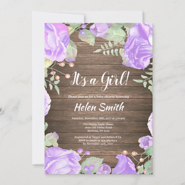It's A Girl Purple Floral Baby Shower Rustic Wood Invitation (Front)