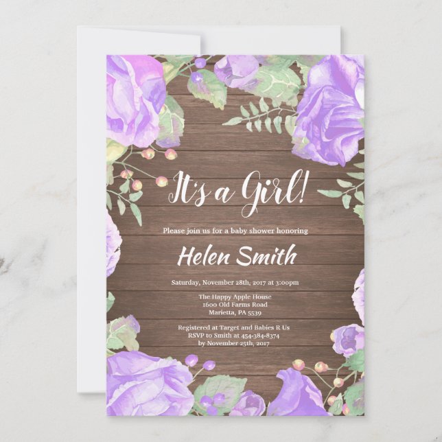 It's A Girl Purple Floral Baby Shower Rustic Wood Invitation (Front)