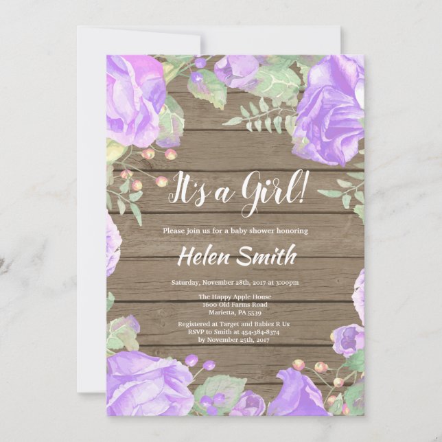 It's A Girl Purple Floral Baby Shower Rustic Wood Invitation (Front)
