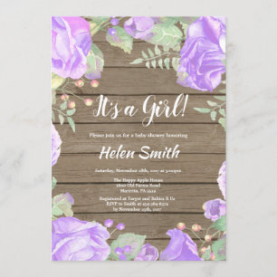 It's A Girl Purple Floral Baby Shower Rustic Wood Invitation