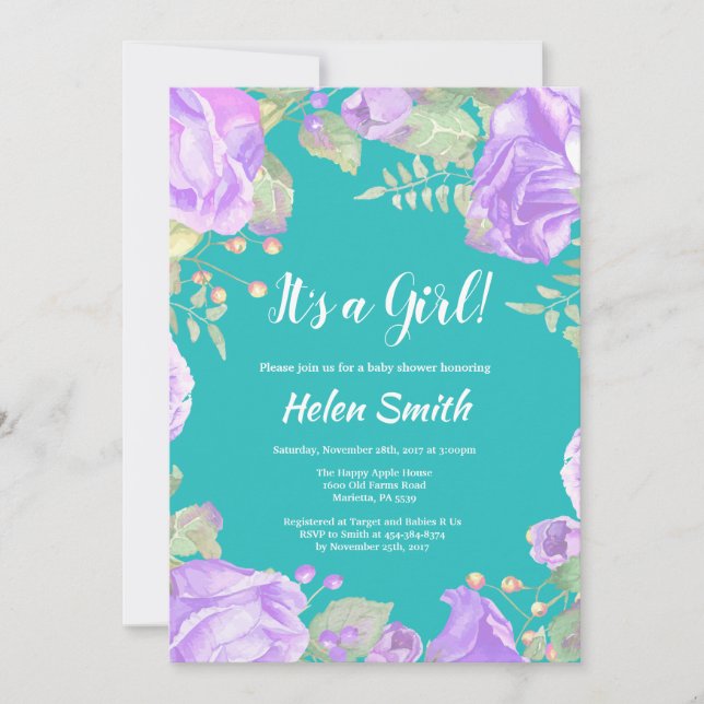 It's A Girl Purple Floral Baby Shower Teal Invitation (Front)