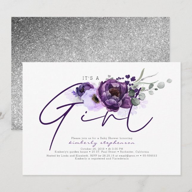 It's A Girl Purple Flowers Baby Shower Invitation (Front/Back)