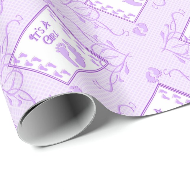 It's A Girl Purple Footprints Wrapping Paper (Roll Corner)
