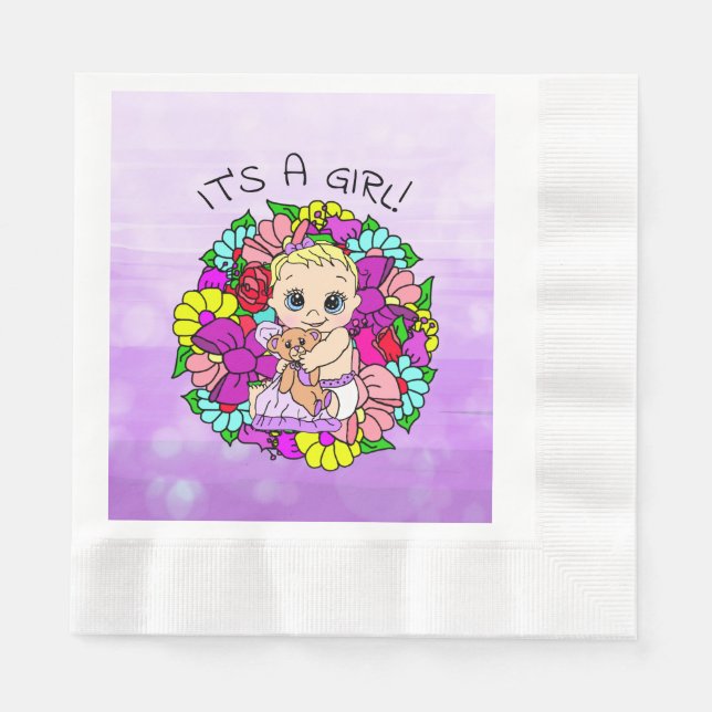 It's a Girl, Purple Girl's Baby Shower Caucasian Napkin (Front)