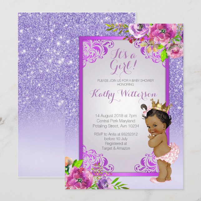 It's a girl Purple Gold Baby Shower Invite (Front/Back)