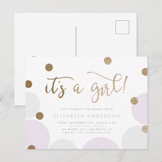 It's a Girl! | Purple & Gold Confetti Baby Shower Invitation Postcard (Front/Back)