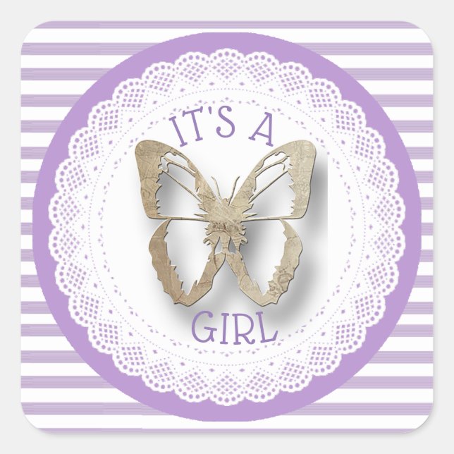 Its a Girl Purple Gold Striped butterfly Stickers (Front)