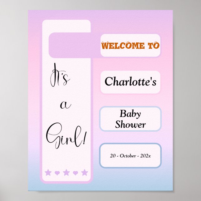 It's A Girl! Purple Gradient Cute Baby Shower Poster (Front)