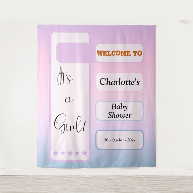 It's A Girl! Purple Gradient Eyeball Text Backdrop Tapestry (Front)