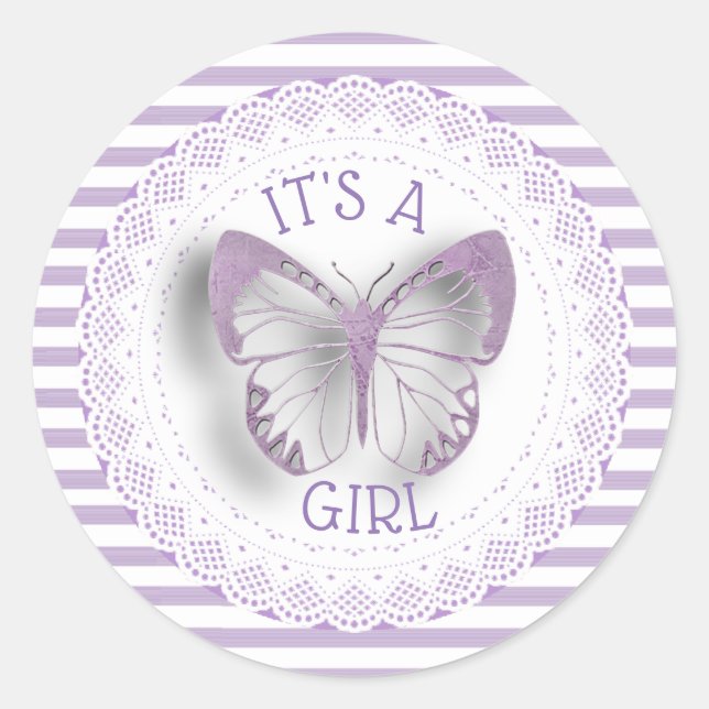 Its a Girl Purple Striped butterfly Stickers (Front)