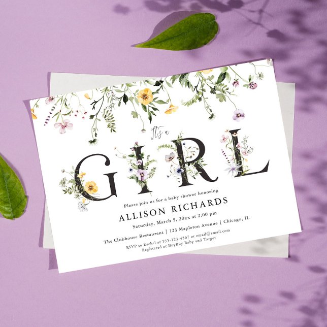 It's a Girl purple yellow wildflowers baby shower  Invitation (Creator Uploaded)