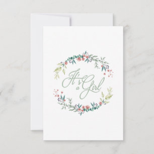 It's a Girl Quote in Pink Green on Floral Wreath Invitation