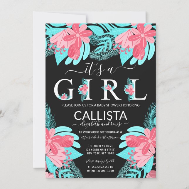 It's a Girl Quote Pink Teal Floral Baby Shower Invitation (Front)