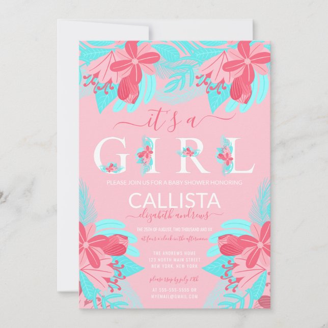 It's a Girl Quote Pink Teal Floral Baby Shower Invitation (Front)