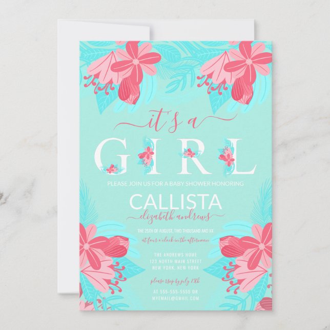 It's a Girl Quote Pink Teal Floral Baby Shower Invitation (Front)