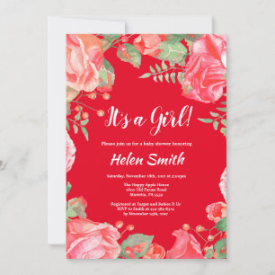It's A Girl Red Floral Baby Shower Invitation