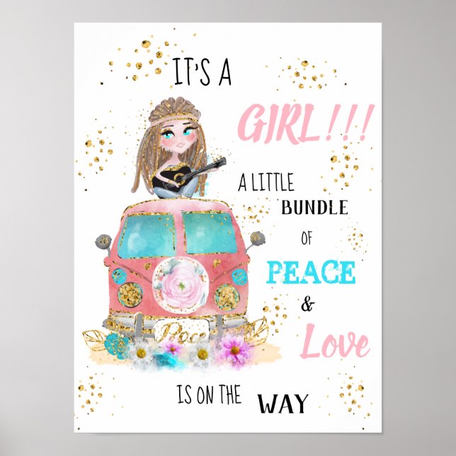 * It's a GIRL  Retro Hippie  Baby Shower Poster (Front)