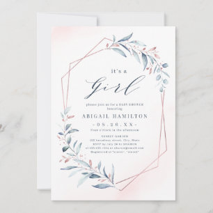It's a Girl rose gold Blue Greenery Baby Shower Invitation