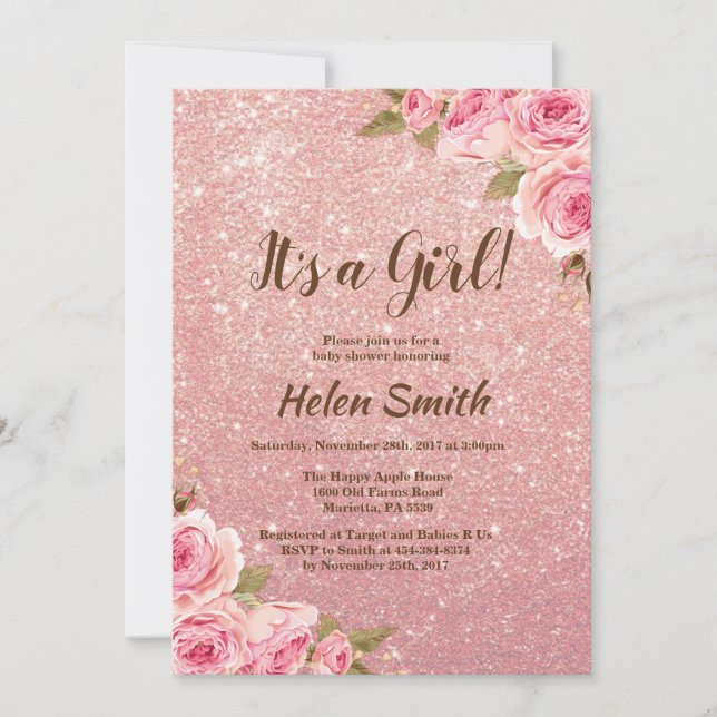 It's A Girl Rose Gold Glitter Floral Baby Shower Invitation (Front)