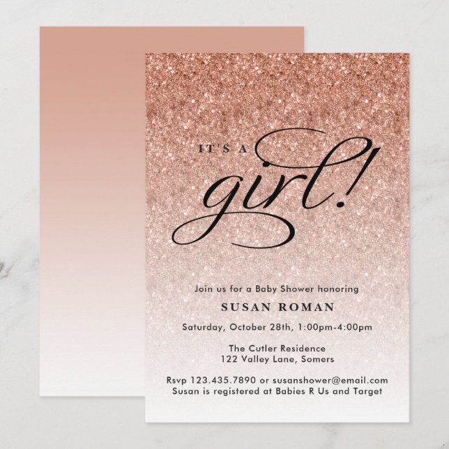 It's a Girl Rose Gold Ombre Glitter Baby Shower Invitation (Front/Back)