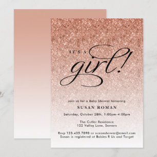 It's a Girl Rose Gold Ombre Glitter Baby Shower Invitation
