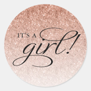 It's A Girl Rose Gold Ombre Glitter Classic Round Sticker