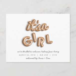 ITS a girl! Rose gold postcard. Announcement Postcard