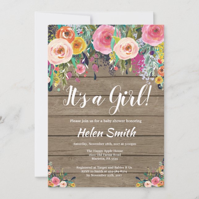 It's A Girl Rustic Floral Baby Shower Invitation (Front)