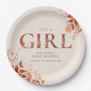 Its A Girl Rustic Floral Letter Baby Shower Paper Plate