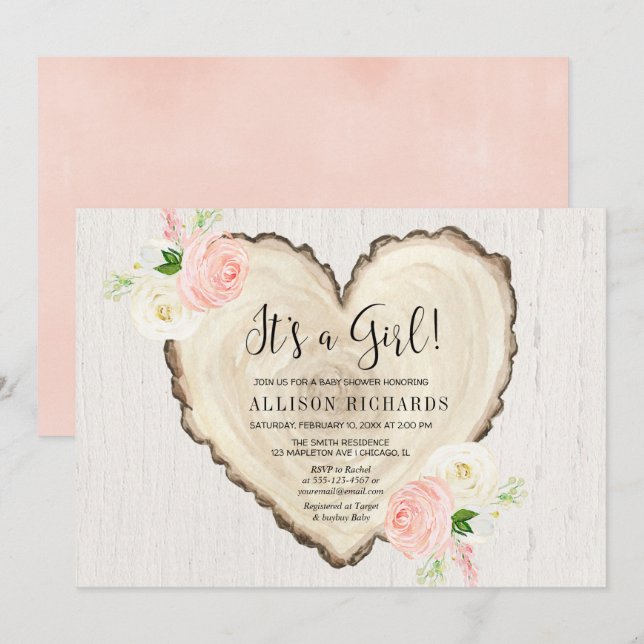 It's a girl rustic floral valentines heart shower invitation (Front/Back)