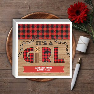 It's a Girl Rustic Wood Plaid Baby Shower Napkin
