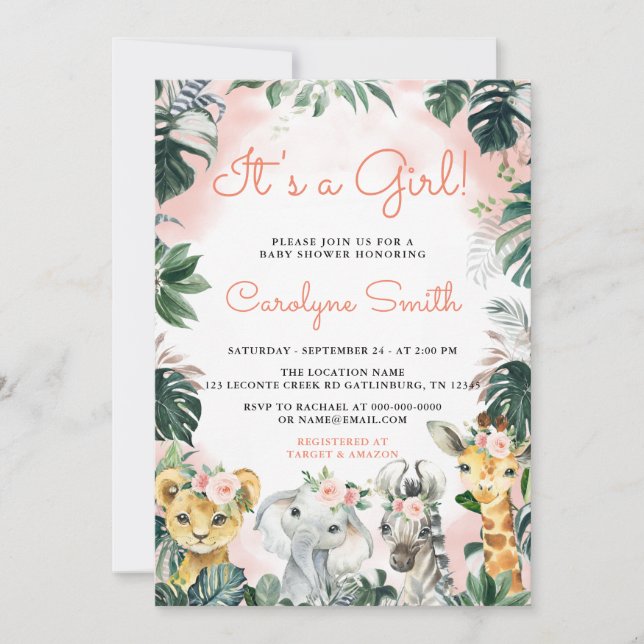 It's a Girl Safari Animals Baby Shower Invitation (Front)