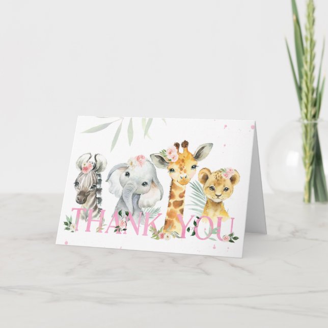 It's A Girl Safari Animals Baby Shower Thank You Card (Front)