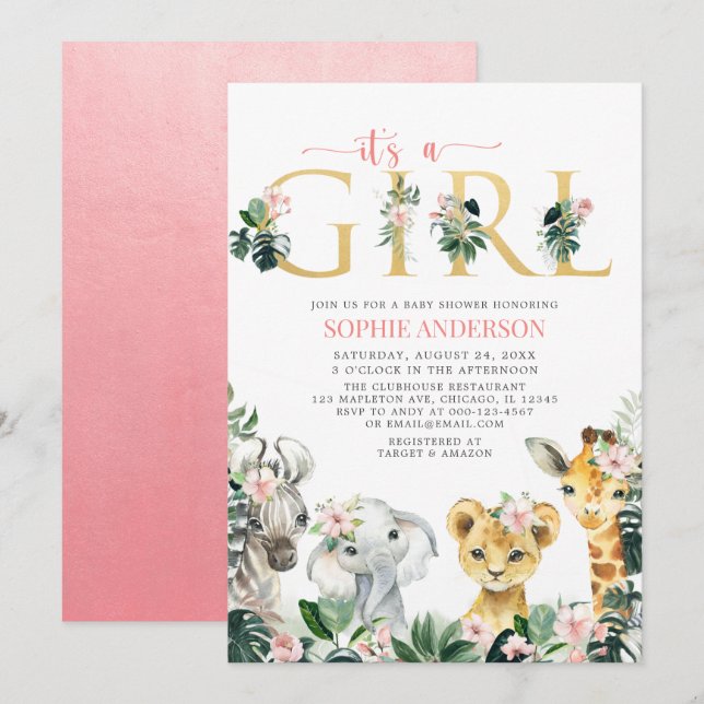 It's a Girl Safari Jungle Animals Baby Shower Invitation (Front/Back)