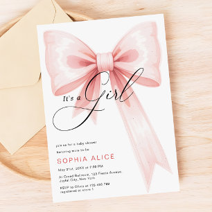 It's a Girl Script Blush Pink Bow Baby Shower Invitation