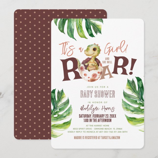 It's a Girl She will Roar Dinosaur Egg Baby Shower Invitation (Front/Back)
