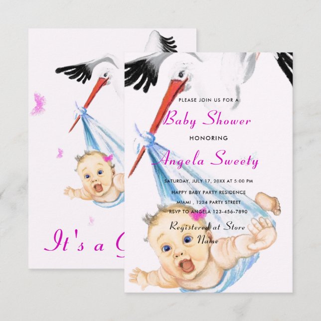 It's a Girl Shower Invitation Stork Carrying Baby (Front/Back)