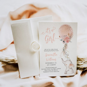 It's a Girl Simple Elephant & Balloon Baby Shower Invitation