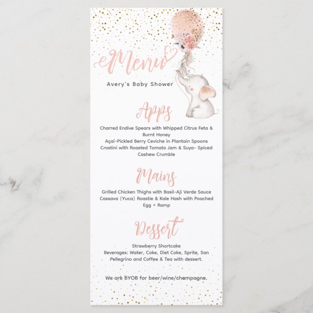 It's a Girl Simple Elephant & Balloon Baby Shower Menu (Front)