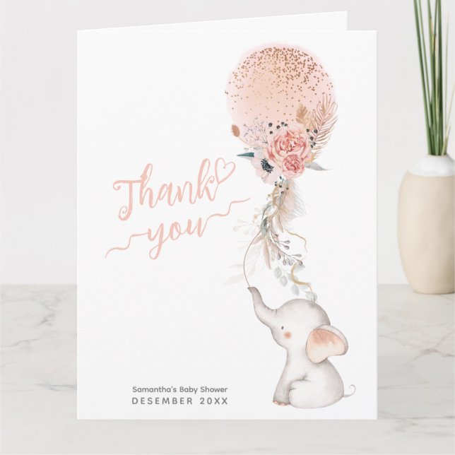 It's a Girl Simple Elephant & Balloon Baby Shower Thank You Card (Front)