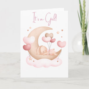 It's a Girl!! Sleeping bunny on a crescent moon Card