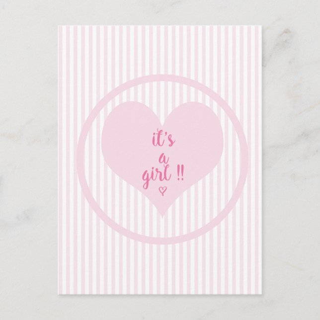 IT'S A GIRL - Soft pink and white stripes Announcement Postcard (Front)