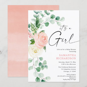 It's a Girl spring floral greenery eucalyptus baby Invitation