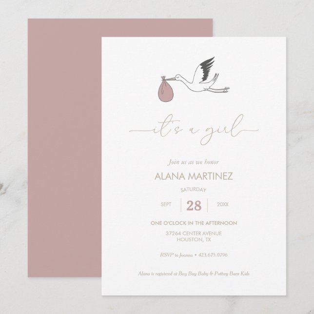 It's a Girl Stork Baby Shower Invitation (Front/Back)