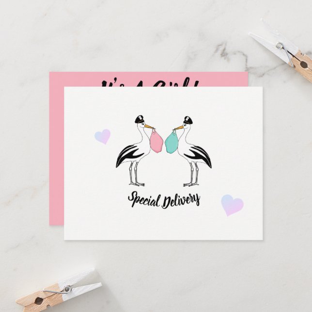 It's A Girl Stork Delivery Baby Shower Sprinkle Invitation (Front/Back In Situ)