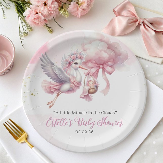It's a Girl Stork & Pink Cloud Baby Shower Paper Plate (Creator Uploaded)